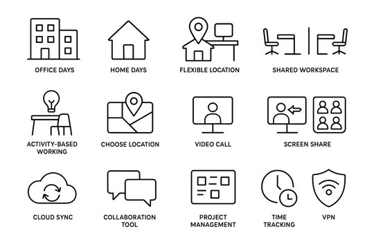Modern workplace icons: flexible locations and remote tools for efficient collaboration