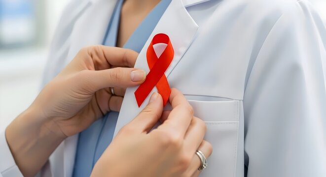 Nurse Pinning Red Ribbon on Lab Coat for Medical AIDS Awareness