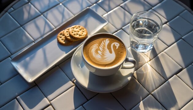 Bright High Angle Latte Art with Swan Design and Cracker Still Life