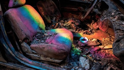 A burned-out car interior covered in rainbow-colored ash, with a CD lying on the rubble. Concept Burned-out car interior, rainbow ash, CD on rubble, post-apocalyptic wreck, automotive debris