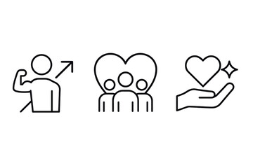Simple outline icons of fitness, community, and kindness themes