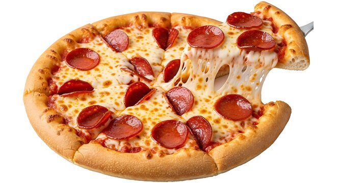 Golden Crust Pepperoni Pizza Slice Being Lifted With Incredible Melted Mozzarella Cheese Pull Isolated on a Pure White Background for Restaurant Menus and Delivery Service Promotion