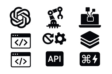 Technology icons: coding, automation, api, and networking symbols in bold style