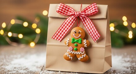 Gingerbread man ornament on a christmas gift bag with festive lights