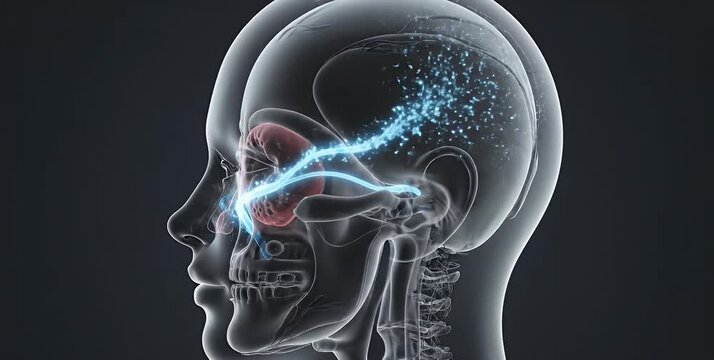 Anatomical illustration of the human head showing sinuses and nasal passages.