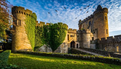 Beautiful Old Stone Castle with Green Ivy and Cloudy Sky Landscape