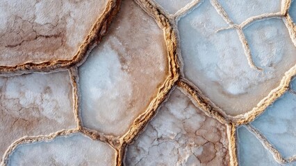 Close-up of polygonal salt crusts with pale blue-white surfaces and rugged brown borders. Concept Close-up salt crusts, Polygonal crystals, Pale blue-white surfaces, Rugged brown borders