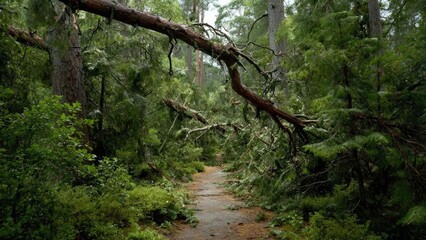 Forest trail with a large fallen tree spanning the path, surrounded by dense green pines and undergrowth. Concept Forest Trail, Fallen Tree, Pine Forest, Undergrowth, Nature Walk