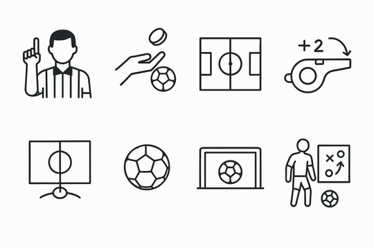 Soccer referee icon set featuring whistle, ball, field, and strategy elements in linear style