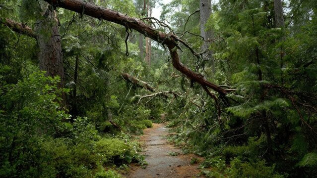 Forest trail with a large fallen tree spanning the path, surrounded by dense green pines and undergrowth. Concept Forest Trail, Fallen Tree, Pine Forest, Undergrowth, Nature Walk - Powered by Adobe