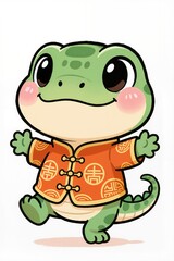 Naklejka premium Adorable chibi Lizard mascot with plump round face, big gleaming eyes, rosy cheeks, soft brush line art, dressed in orange New Year outfit with lucky symbols, cute playful stance, white background