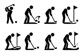 Golf player silhouettes in various poses: perfecting the swing and putt techniques