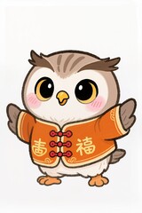 Fototapeta premium Adorable chibi Owl mascot with plump round face, big gleaming eyes, rosy cheeks, soft brush line art, dressed in orange New Year outfit with lucky symbols, cute playful stance, white background