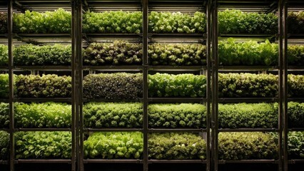 Indoor vertical farm with metal racks growing rows of green lettuce on multiple levels. Concept Indoor Vertical Farm, Metal Racks, Lettuce Rows, Multi-Level Growing, Controlled Environment
