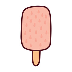 A pink strawberry popsicle on a wooden stick with seed texture. A frozen fruit lolly or sorbet treat, perfect for cooling down in the summer heat.
