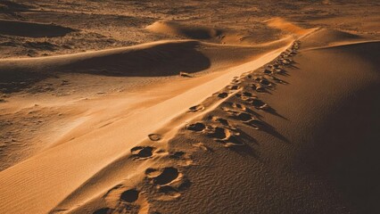 Footprints trail along a sunlit desert sand dune, winding across the crest. Concept Desert Footprints, Sunlit Dune Crest, Winding Sand Trail, Textured Sand, Quiet Desert Landscape
