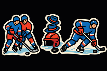 Fototapeta premium Dynamic hockey players and gear in vibrant cartoon style