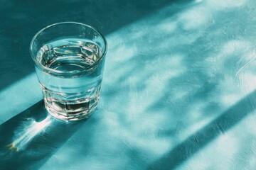 A clear glass filled with water placed on a textured turquoise surface, with diagonal sun shadows creating bright highlights and a clean, refreshing atmosphere.