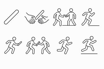 Line art relay race sequence with baton passing and running figures