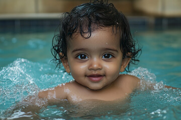 Adorable baby enjoying summer day at the beach swimming pool with wet curly hair and big smile, joyful vacation moment, generative ai