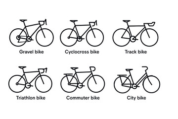 Fototapeta premium Types of bicycles: gravel, cyclocross, track, triathlon, commuter, city bikes in linear style