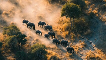 A herd of elephants walking along a dusty trail through a sunlit savanna. Concept Elephant herd, Dusty savanna trail, Sunlit African wildlife, Wildlife photography, Expansive savanna landscape