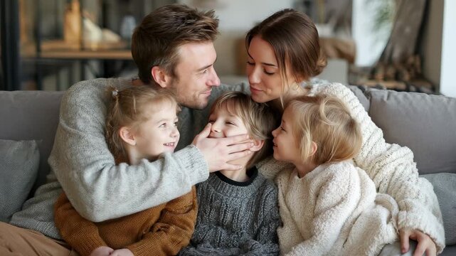 Happy family enjoying cozy moments together on a comfortable sofa in a modern home setting during a sunny afternoon