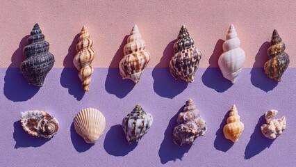 Two rows of assorted seashells arranged on a pink and lavender background. Concept Seashell rows, Pink and lavender background, Coastal decor, Symmetrical display, Beach treasures