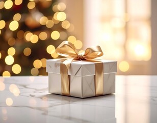 Gift Box Golden Bow Bokeh Light Celebration Scene