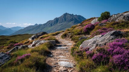 A rocky mountain path winds through purple heather on a hillside with distant peaks beneath a clear blue sky. Concept Mountain landscape, Rocky mountain path, Purple heather hillside