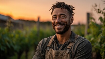 Smiling farmer stands in a vineyard at sunset enjoying the beautiful scenery and peaceful atmosphere