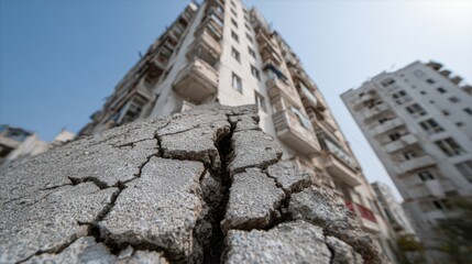 Building damage observed in urban area after seismic activity, showing cracked concrete and high-rise structures