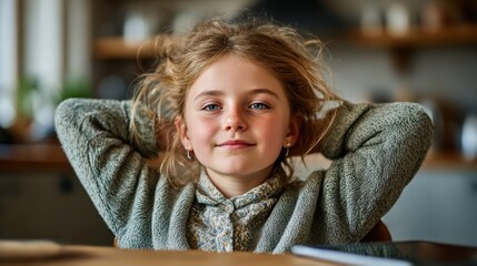 Smiling girl with relaxed pose in cozy kitchen during afternoon light