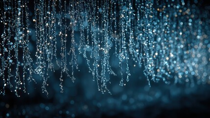 Falling water droplets create a shimmering effect in a darkened outdoor setting at dusk