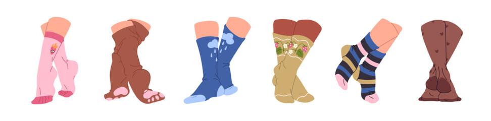 Set of female feet in socks. Women's legs in stocking in different poses. Foot on toes in various cotton hosiery or ornamented nylon tights.. Flat isolated vector illustrations on white background