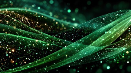 Flowing green waves with shimmering particles create a mesmerizing visual effect in a dark background