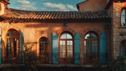 Mediterranean-style house with terracotta walls, arched windows, turquoise shutters, and a wrought-iron balcony. Concept Mediterranean architecture, Terracotta walls, Arched windows