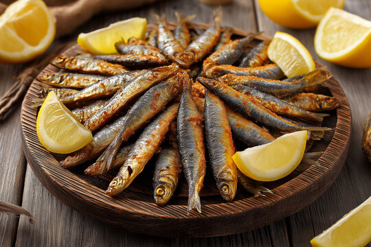 Turkish hamsi tava, crispy fried anchovies arranged in a circle, rustic wooden background