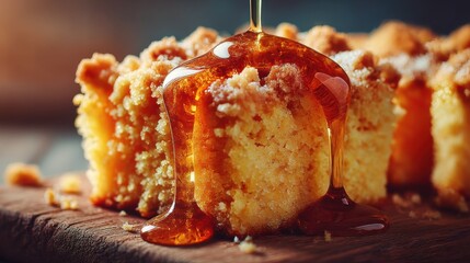 Delicious golden cake with honey drizzled on top served on a wooden board