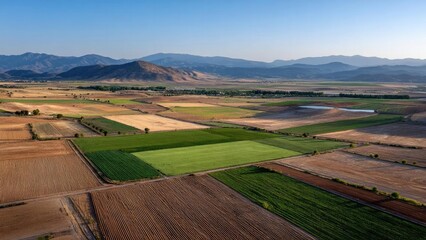 Aerial view of patchwork farmland with green and brown fields, dirt roads and distant mountains under a clear blue sky Concept Aerial Landscape, Patchwork Farmlands, Dirt Roads, Mountain Backdrop