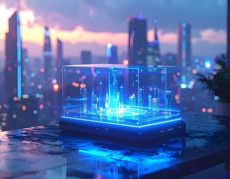 Glowing cityscape inside a glass case, city skyline backdrop