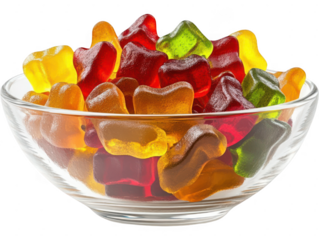 Colorful gummy bears in glass bowl, delicious candy for kids, sweet treat delight