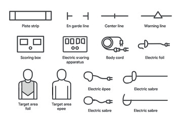 Fencing equipment icons set featuring foil, &eacute;p&eacute;e, and sabre elements in outline style