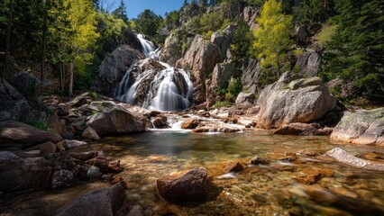 Fototapeta premium Waterfall cascades down rugged rocks into a clear pool, framed by pine trees and large boulders in a forested canyon. Concept Waterfall Photography, Forest Canyon & Pines, Mossy Rocks and Boulders