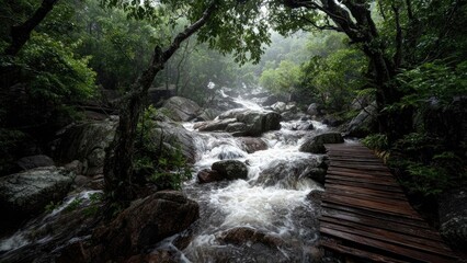 Obraz premium Wooden boardwalk along a rushing, rock-strewn stream in a dense green forest. Concept Wooden boardwalk, rushing stream, rock-strewn banks, dense green forest, serene nature