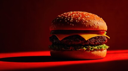 Juicy burger with cheese and vegetables on a red background