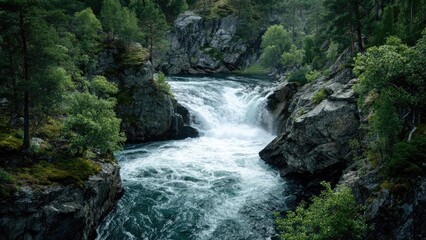 Fototapeta premium A river roars through a rocky gorge with a cascading waterfall, surrounded by lush green forest. Concept River Gorge Waterfall, Lush Green Forest, Cascading Water & Mist, Rugged Rocks & Moss