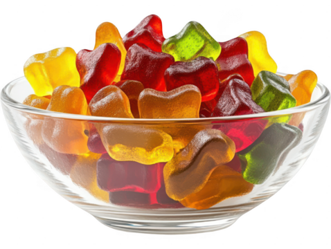 Colorful gummy bears in glass bowl, delicious candy for kids, sweet treat delight