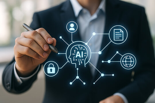 Artificial intelligence business technology concept with holographic AI icons showing human brain network data security and global connection