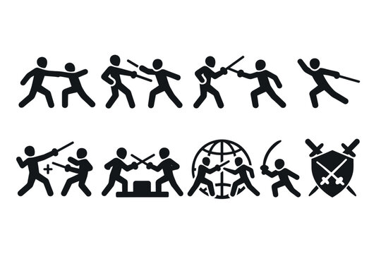 Martial arts combat icons: stick figures in dynamic swordfight movements with global symbolism